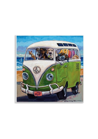 Köpekler Sürüş Retro Minibüs Yaz Plaj Gezisi, Cr Townsend Duvar Plakası, 12 X 12, Çok Renkli