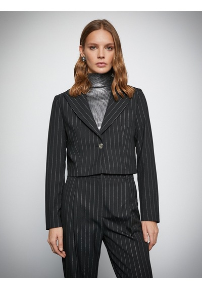 Koton Melis Ağazat X Koton - Simli Crop Blazer Ceket Siyah 3wak50063ew 3WAK50063EW999 Siyah