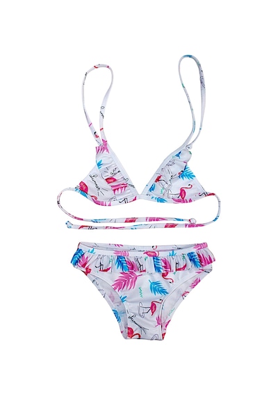 Lolliboomkids Kzı Çocuk Fırfır Detaylı Üçgen Bağlamalı Summer Flamingo Bikini Takımı Beyaz Flamingo Beyaz