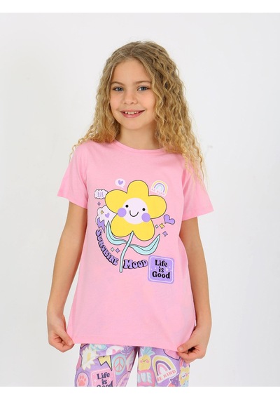 Kız Çocuk Kısa Kollu %100 Pamuklu Pijama Takımı Be Kind Koyu Pembe