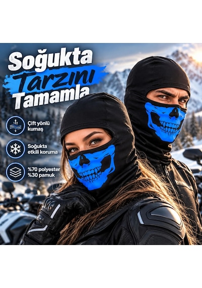 Genel Unisex Mavi Kurukafa Desenli Balaklava Kar Maskesi Siyah Tam Kafa Motorcu Boyun Siyah / Standart