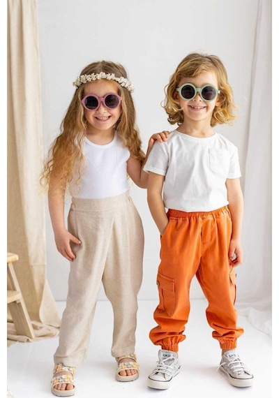 Oliven The Kid Oliventhekid Bej Keten Asimetrik Pileli Yanlar Lastikli Kız Çocuk Pantolon Bej Bej