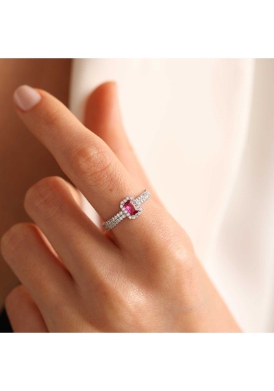 Sembolgold Beyaz Altın Baget Yüzük Ruby T12557 Renkli
