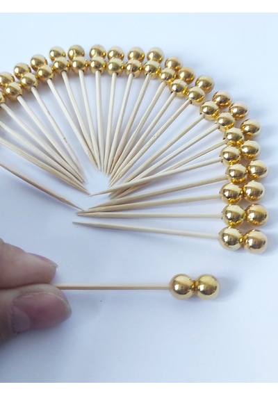 100 Adet Dekoratif Gold Çift İncili Kokteyl Kürdan 6 cm - İnci 8 mm