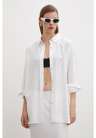 Never More Oversize Keten Gömlek Beyaz Beyaz