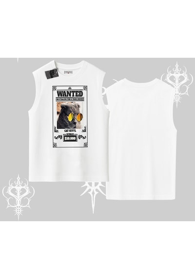 Startmore Startmore Wanted Temalı Kedi Baskılı Kolsuz Tshirt Beyaz