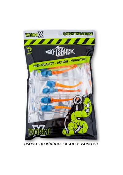 Silikon Kurt Yem - 2,1g 70mm - Fishack Wormix - 10 Adet - Uv - Mavi/turuncu