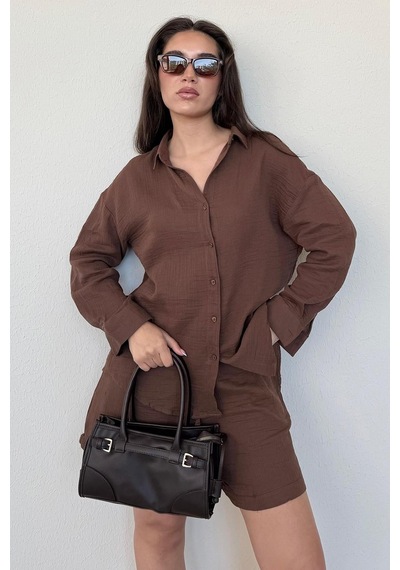 Seeh Kahverengi Basic Müslin Şort Gömlek Takım Sh230