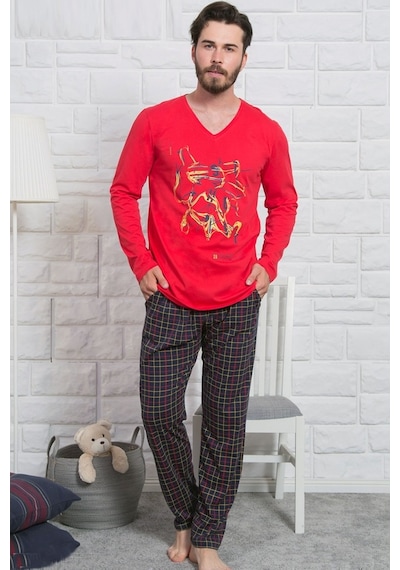 Gazzaz Erkek Uzun Kol Cepli V Yaka Pijama Takım 4772K