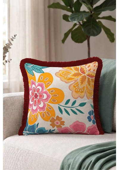 Boho Çiçek Motifli Saçaklı Yastık Kılıfı-tropik Botanik Retro Turuncu Bordo Püsküllü Kırlent Kılıfı Haki