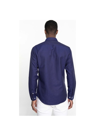 Tudors Slim Fit Uzun Kol Oxford Doku Armürlü Biyeli Erkek Gömlek-26938-Lacivert
