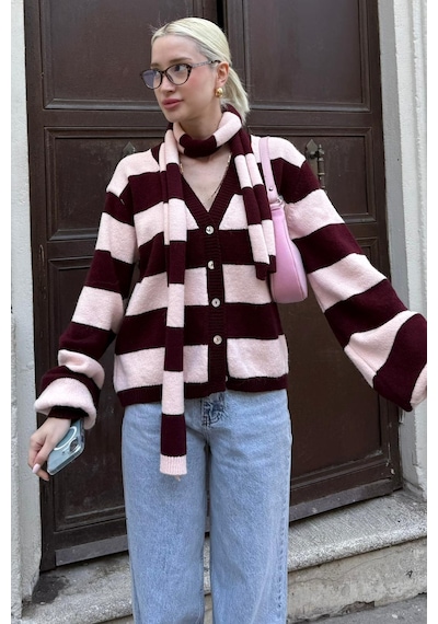 Madmext Bordo Çizigli Atkılı Kadın Triko Hırka Mg2588 Bordo