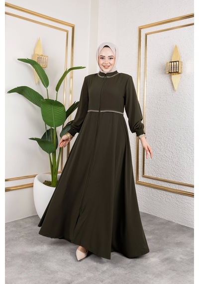 Nevayla Moda Yaka Ve Bel Nakış Detaylı Ferace - Haki / F0143 Haki
