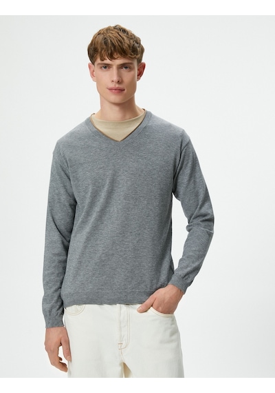 Koton V Yaka Kazak Triko Slim Fit Uzun Kollu Gri 4WAM70116HT031 Gri