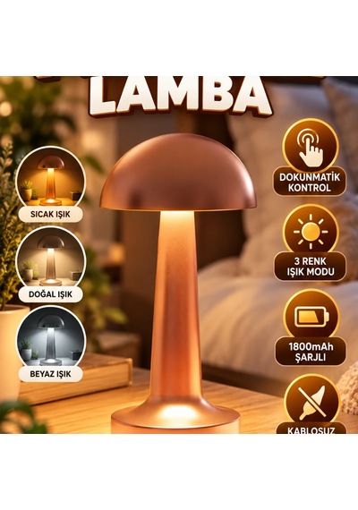 Bronz Mantar Masa Lambası 3 Renk Dokunmatik Led, 1800mah Şarjlı Ve Kablosuz Renkli