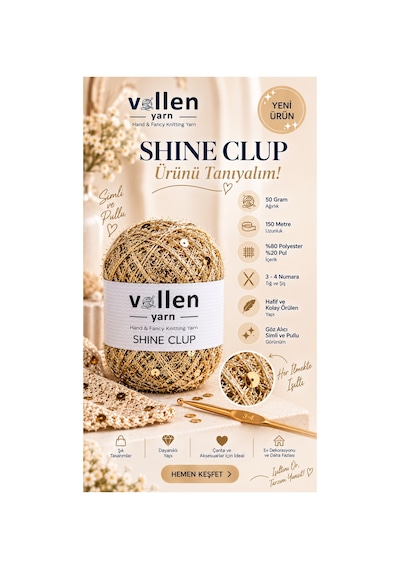 Shine Clup Simli Pullu El Örgü İpi 50 Gr 150 M Polyester Tığ Ve Şiş İpi Çanta Aksesuar İpi