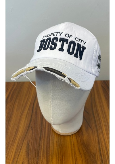Boston Nakışlı Eskitme Vintage Model Pamuklu Cap Şapka Beyaz
