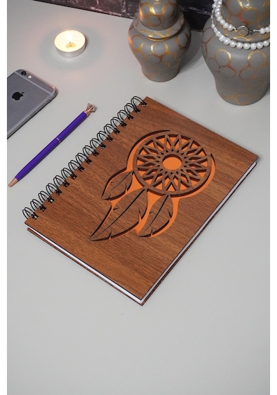 Rüya Kapanı Desenli Ahşap Defter - Ajanda - Günlük - Çizgisiz Defter Ahşap Rengi Ceviz A5 Notebook