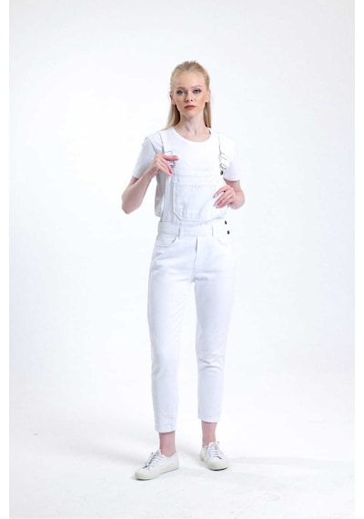 Kene Jeans Bahçevan Askılı Beyaz Tam Kalıp Mom Kot Tulum Beyaz