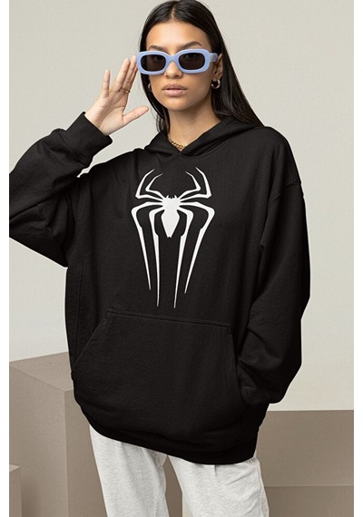 Sevbano Örümcek Adam Logo Baskılı Unisex Hoodie, Oversize Spider-man Hood Siyah