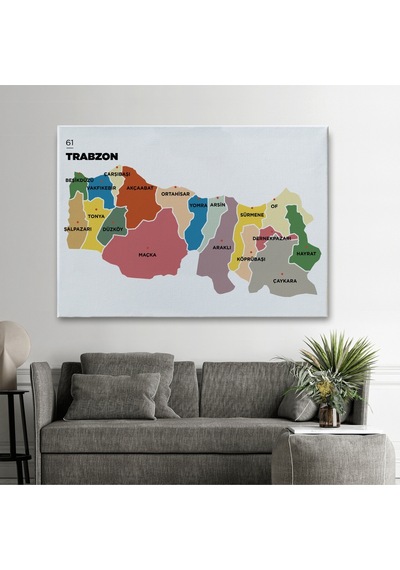 Trabzon İli Ve İlçeler Haritası Dekoratif Kanvas Tablo 1470 95 X 55