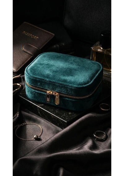 Takı Kutusu Düzenleyici Seyahat Çantası Kolye Yüzük Küpe Organizer Kadife Petrol Yeşili 12cmx8cm