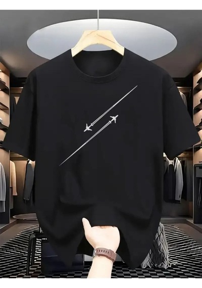 Flood Of Style Unısex Siyah Çizgi Uçak Baskılı Oversize