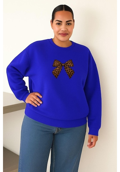 Benroma 3 İplik Penye Kurdela Baskılı Büyük Beden Unisex Sweatshırt Saks Mavisi