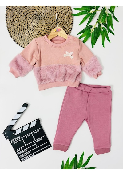 Alpbebe Kelebek Fiyonk Detaylı Belde Ve Kolda Peluş Detaylı Kışlık 2 Parça Takım Pembe