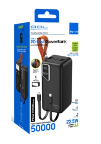 Acl Pw-171 50.000 Mah Led Aydınlatmalı Hızlı Şarj Powerbank Siyah