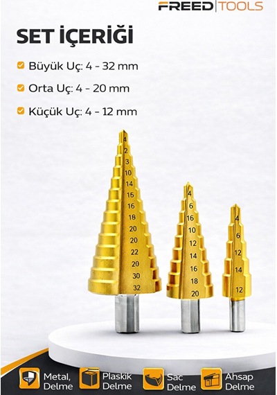 3 Parça Titanyum Kaplama Kademeli Matkap Ucu Metal Sac Delme
