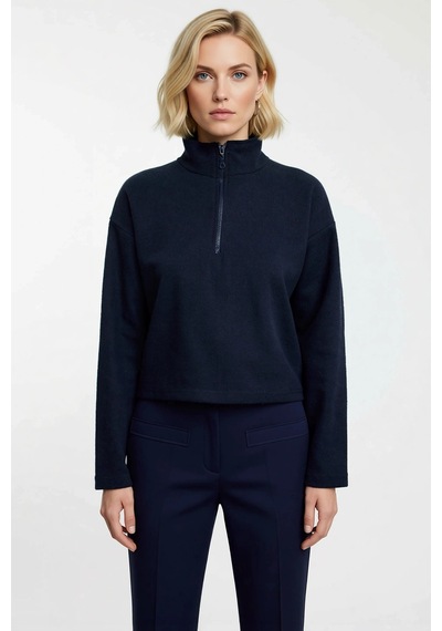 Benerly Kadın Fermuarlı Yaka Düşük Kol Selanik Örme Sweatshirt Fonksiyone Lacivert