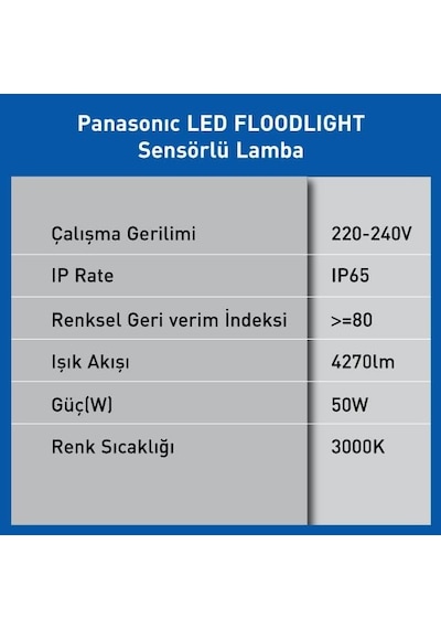 Led Projektör Sensorlü, Sıcak Beyaz Işık 50w 4270lm 3000k