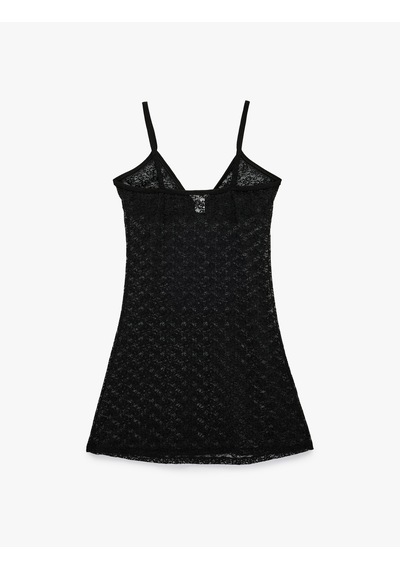 Koton V Yaka Askılı Dantelli Mini Gecelik Siyah 6slk60011mk