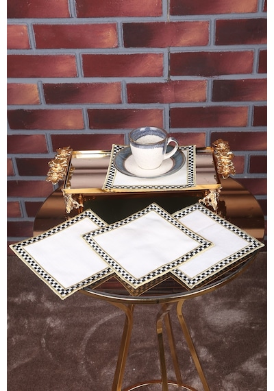Damalı 6'lı Linen Keten Kahve Yanı Kokteyl Sunum Parti Peçetesi