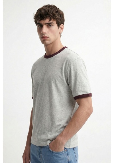 Antioch Kontrast Yaka Erkek T-shirt Gri