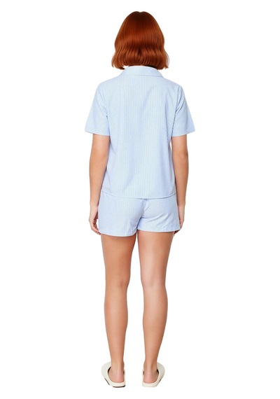 Ersefa Kadın Çizgili Poplin Pijama Seti Fonksiyonel Dayanıklı Kaliteli K mavi