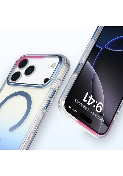 Apple Uyumlu iPhone 17 Pro Kılıf Transparan Renk Geçişli M-safe Şarj Özellikli Toros Kapak Mavi