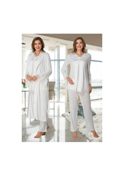 Effortt Dvina Lohusa Hamile Dantel Detaylı Sabahlıklı Ve Uzun Kollu Pijama Takımı -3'lü Set - Ekru Ekru