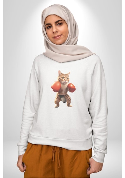 Boks Yapan Kedi Unisex Beyaz Baskılı Sweatshirt Beyaz