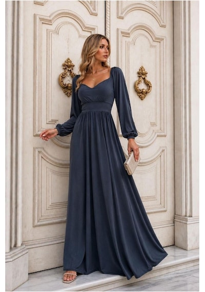 Store Esnek Büzgülü Yaka Elbise V Kumaş Abiye Sandy Saks - 935897671 Saks