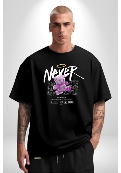 Asla Asla Deme Pamuklu Bisiklet Yaka Unisex Oversize Boyfriend Dijital Baskılı Siyah T-shirt Siyah