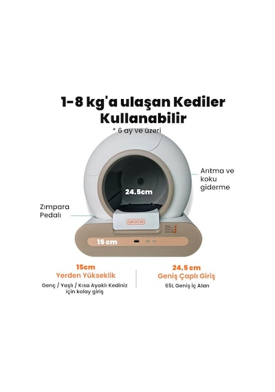 Groove Ti+ 65l Wi-fi Otomatik Akıllı Kedi Tuvaleti Kahverengi Ultra Sessiz+app Kontrol+akıllı Sensör+uv Filtre