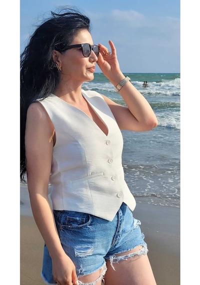 Nevege Butik Nevege Kadın Astarlı Şık Keten Yelek Beyaz