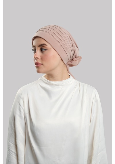 Hürrem Bone Bej Pratik Hazır Geçmeli Tesettür Bone Sandy Kumaş Pileli Nervürl Bej