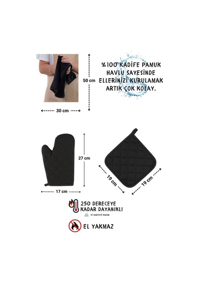 Star Ayar Askılı Havlulu 4lü Mutfak Önlüğü Seti Eldiven Tutacak Krem-siyah-siyah