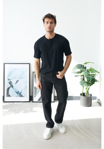 Baselco Premium Henley Yaka Beyaz T-shirt - Rib Dokulu Modern Fit Siyah