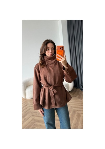 Blanco Kadın İthal Yumuşak Dokulu Zr Model Dik Yakalı Kuşaklı Süet Ceket Taba Taba