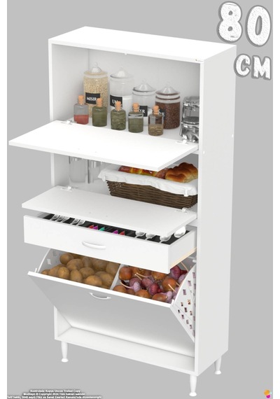 Vio 80 Cm Fırın Dolabı Sepetli Çekmeceli 2 Kapak Kiler Mutfak Dolabı Beyaz