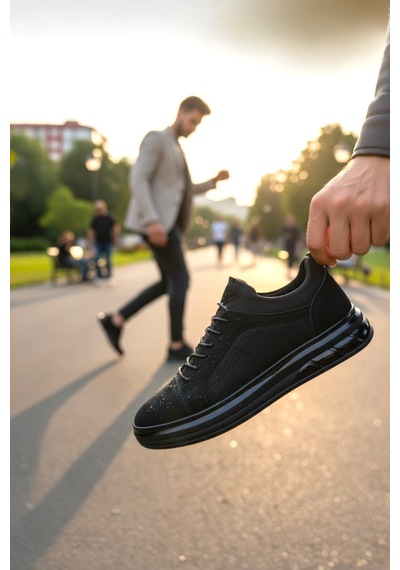 Enoch Hakiki Deri Lazer Kesim Lastikli Günlük Erkek Sneaker Comfort Taban Siyah - Antrasit